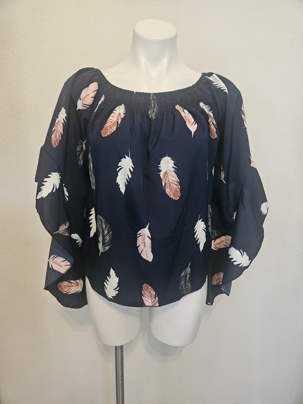 Shein Navy Feather Print Off-Shoulder Blouse